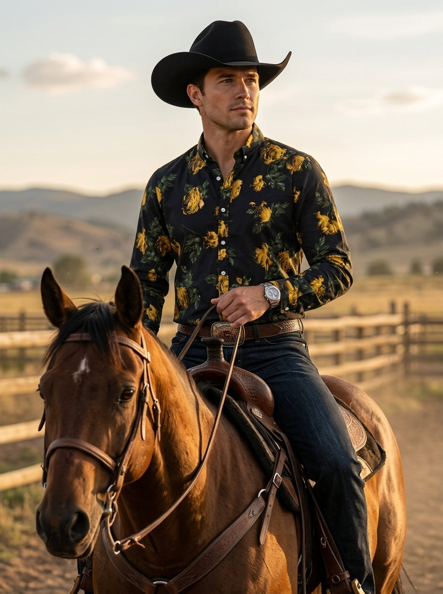 Camisa Hombre Casual Negra Rosas Doradas