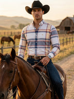 Camisa Hombre Casual Hueso Líneas Morado Rojo y Amarillo