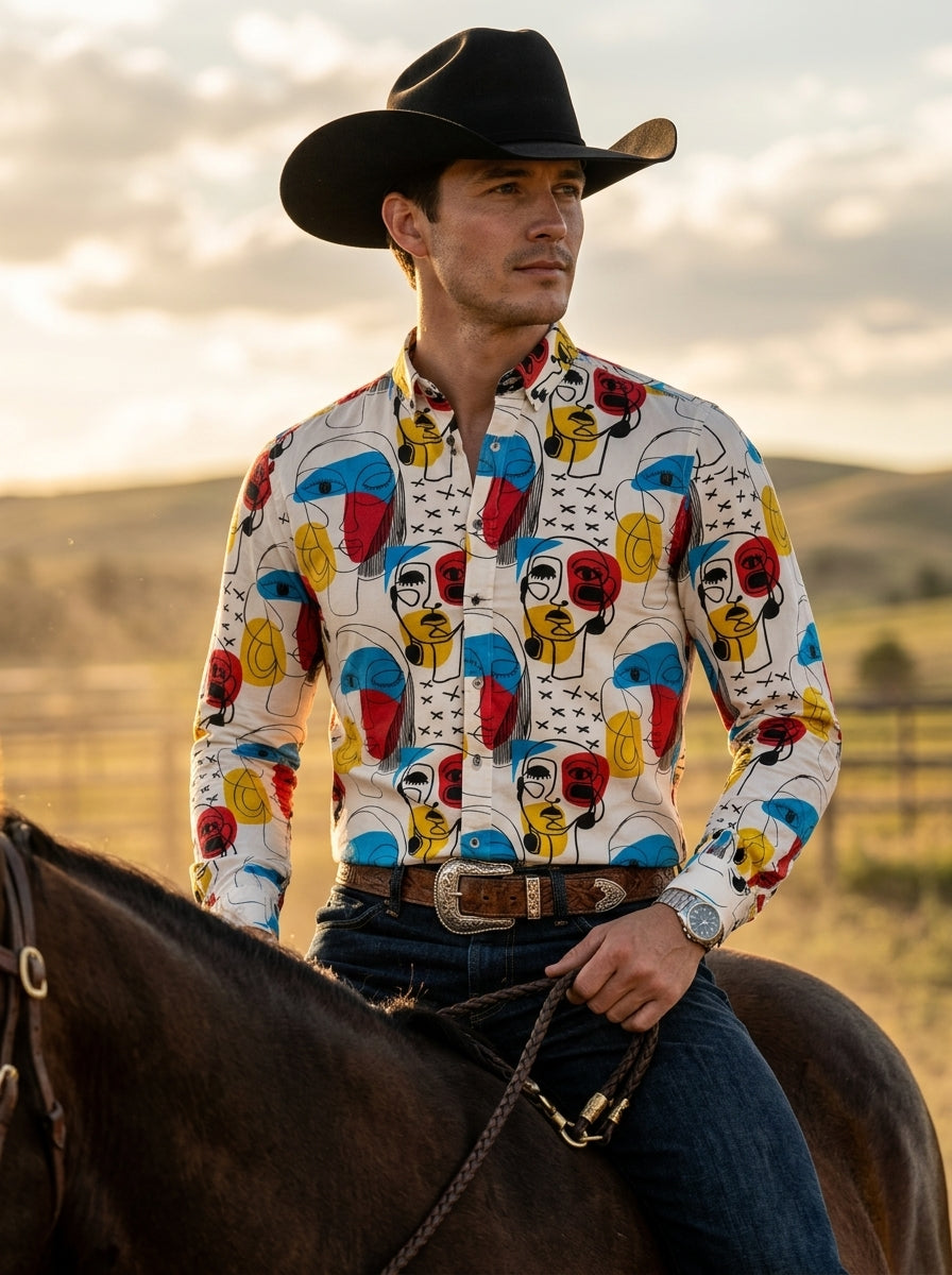 Camisa Hombre Casual Beige Pintura Mascara Abstracta Roja Azul Amarilla