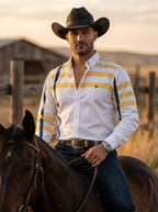 Camisa Hombre Casual Líneas Amarillo y Azul Marino