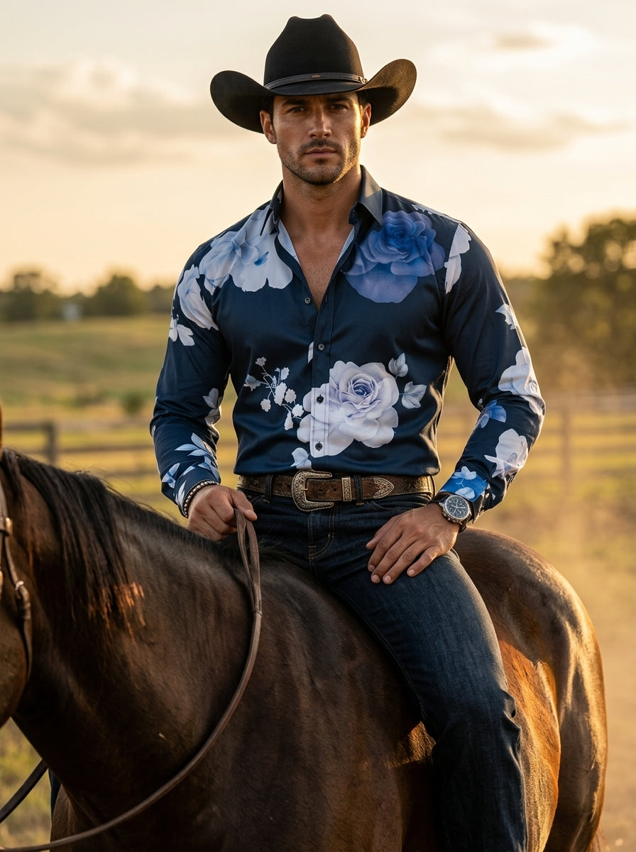 Camisa Hombre Casual Negra Rosas Moradas y Blancas