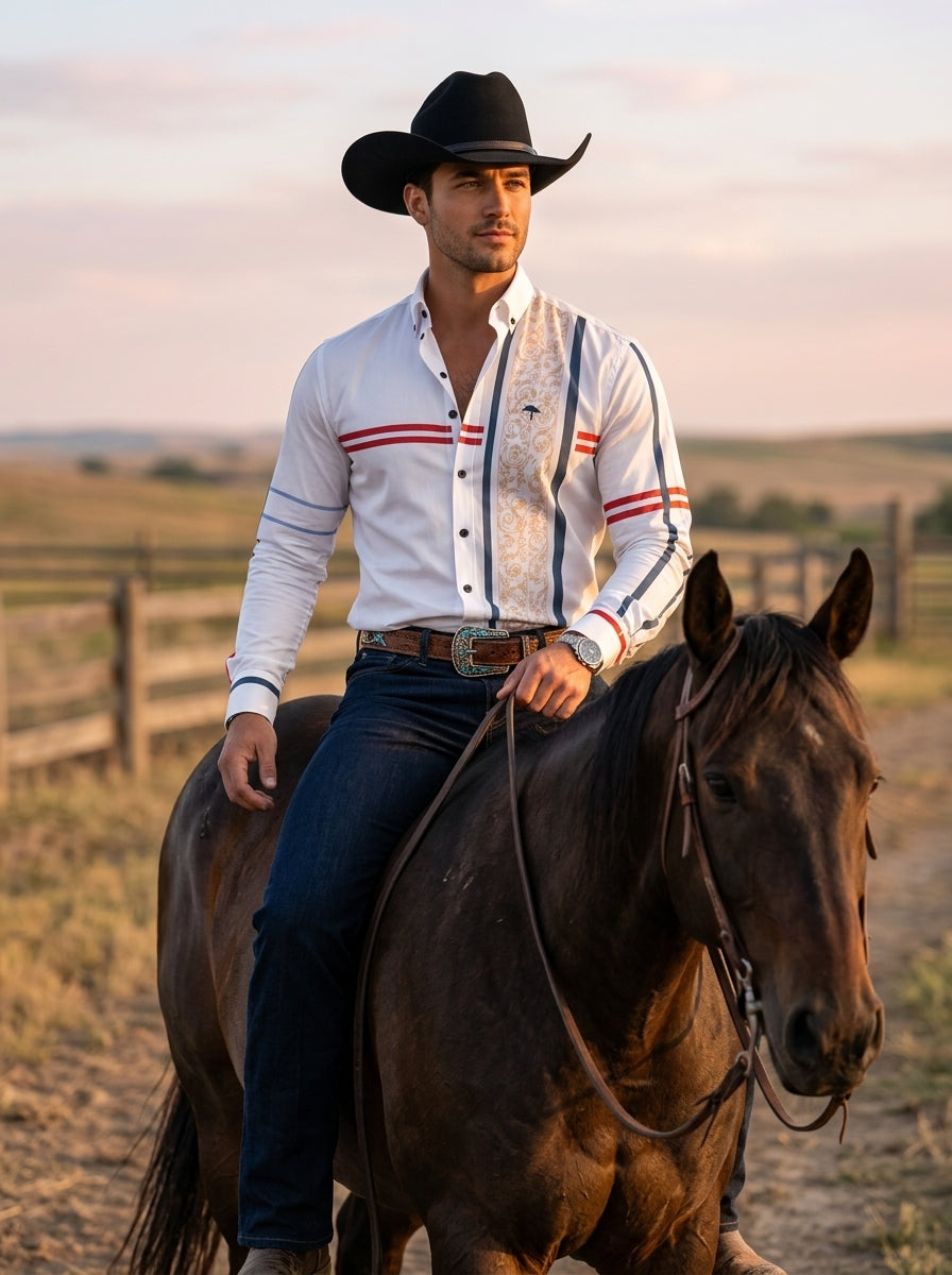 Camisa Hombre Casual Blanca Franjas Flores Azul, Rojas