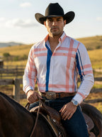 Camisa Hombre Casual Blanco Franjas Azul y Melón