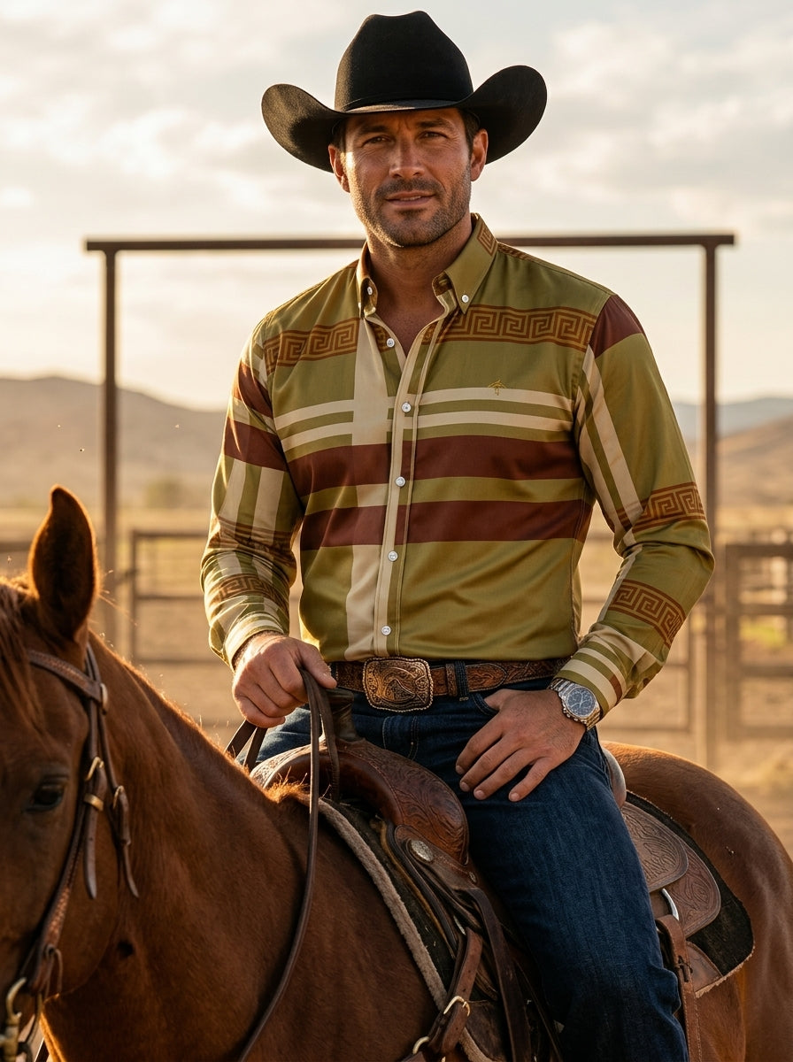 Camisa Hombre Casual Verde Olivo Detalle Griego Chocolate