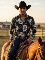 Camisa Hombre Casual Negra Calaveras Blancas Cadenas