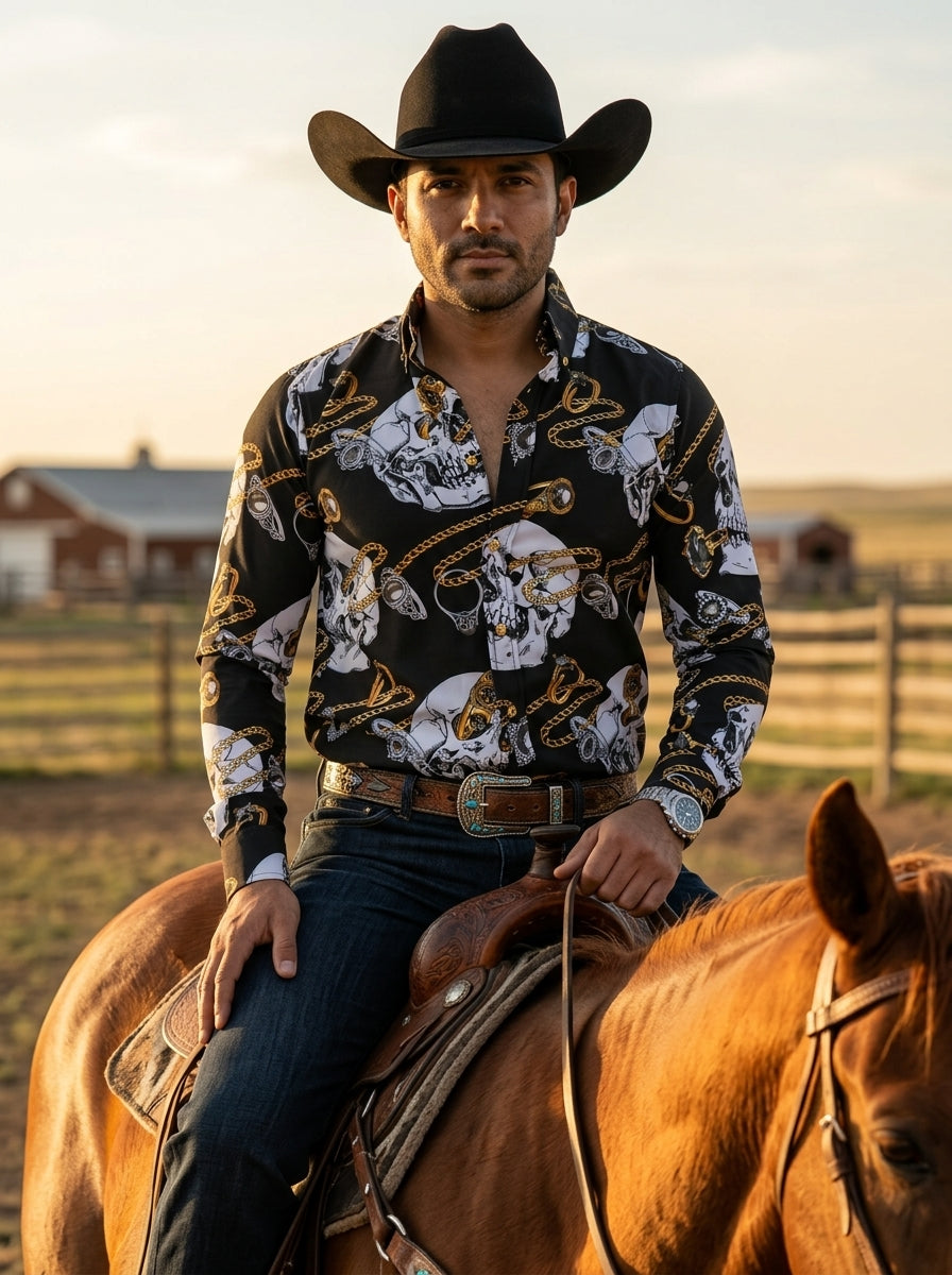 Camisa Hombre Casual Negra Calaveras Blancas Cadenas