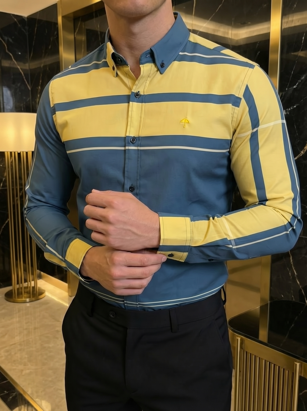Camisa Hombre Casual Azul Franjas Amarillas