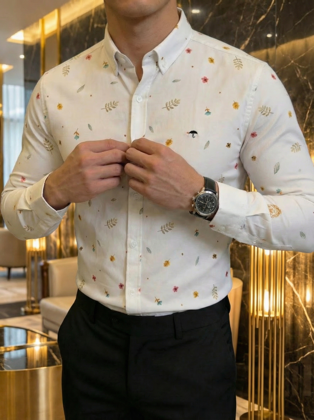 Camisa Hombre Casual Blanco Flores De Jardín