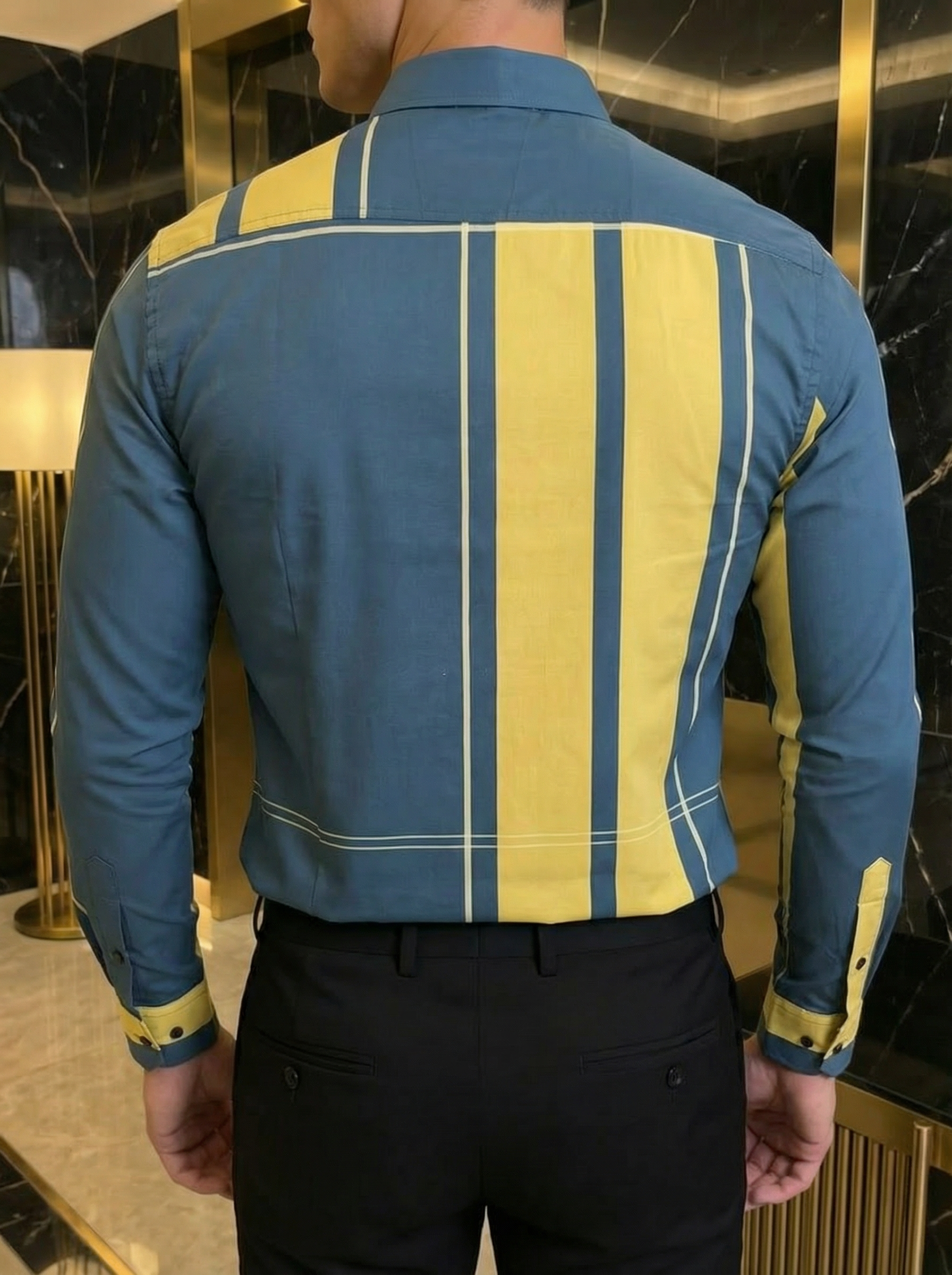 Camisa Hombre Casual Azul Franjas Amarillas