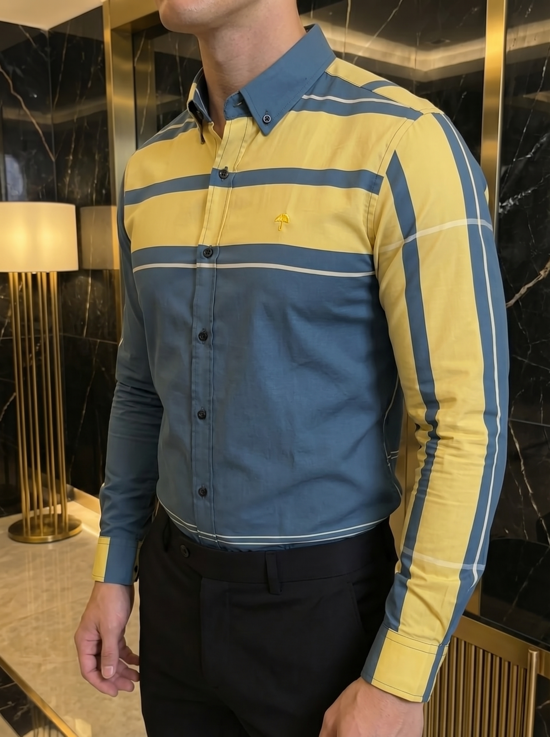 Camisa Hombre Casual Azul Franjas Amarillas