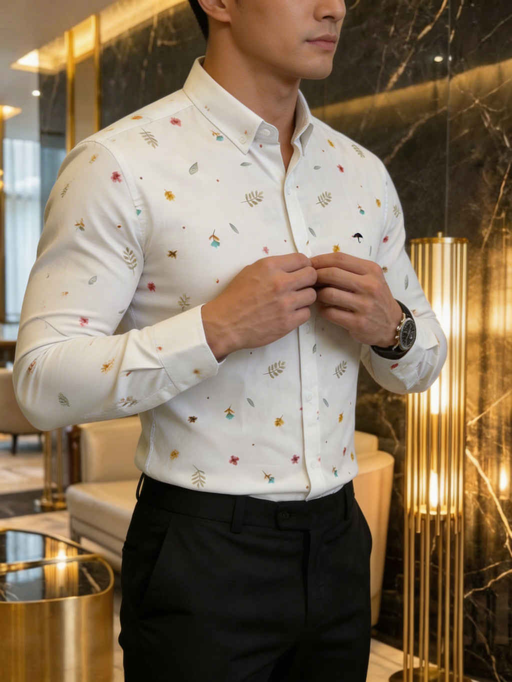 Camisa Hombre Casual Blanco Flores De Jardín