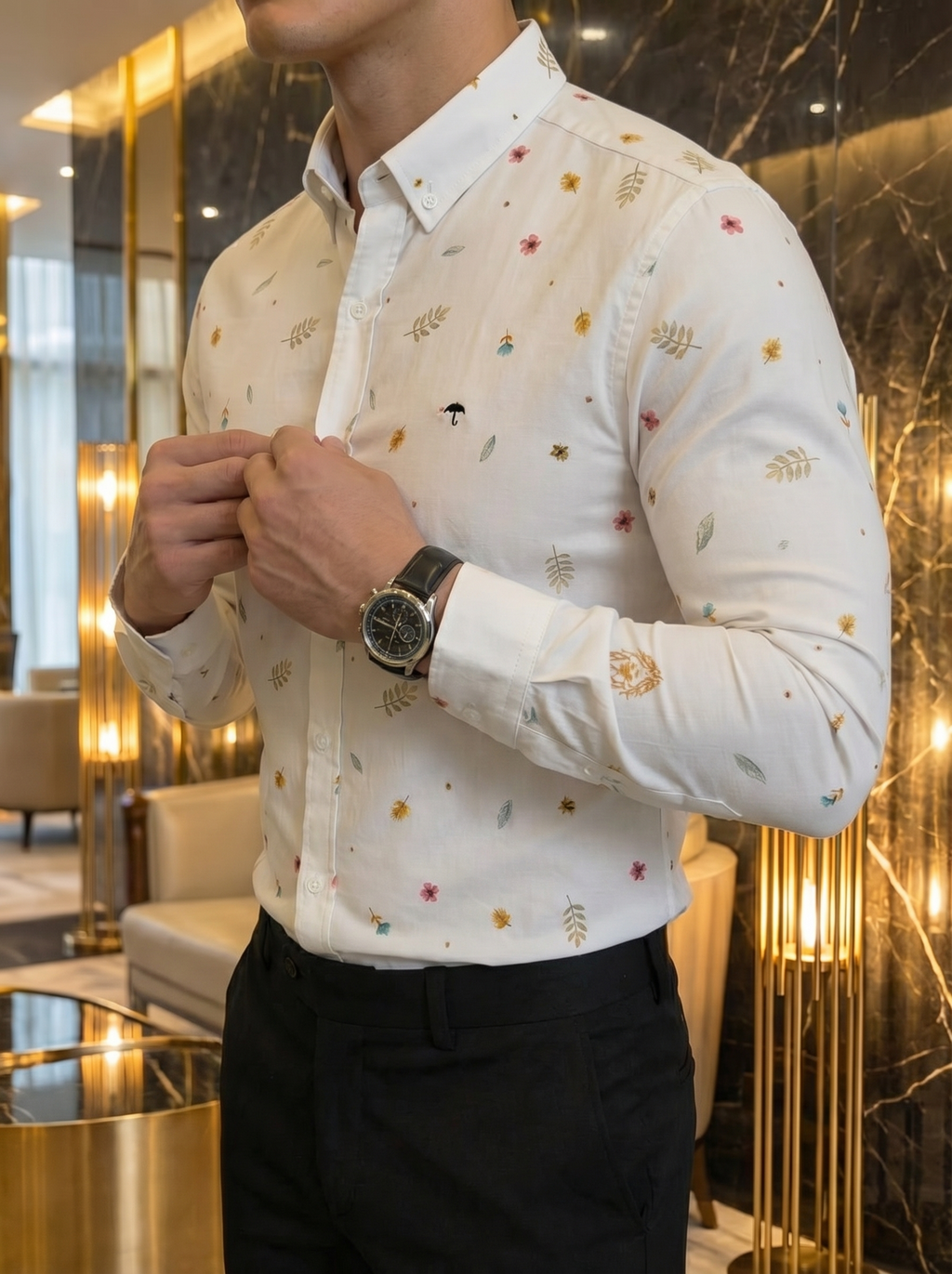 Camisa Hombre Casual Blanco Flores De Jardín