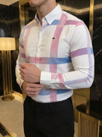 Camisa Hombre Casual Blanca Franjas Rosas Azules