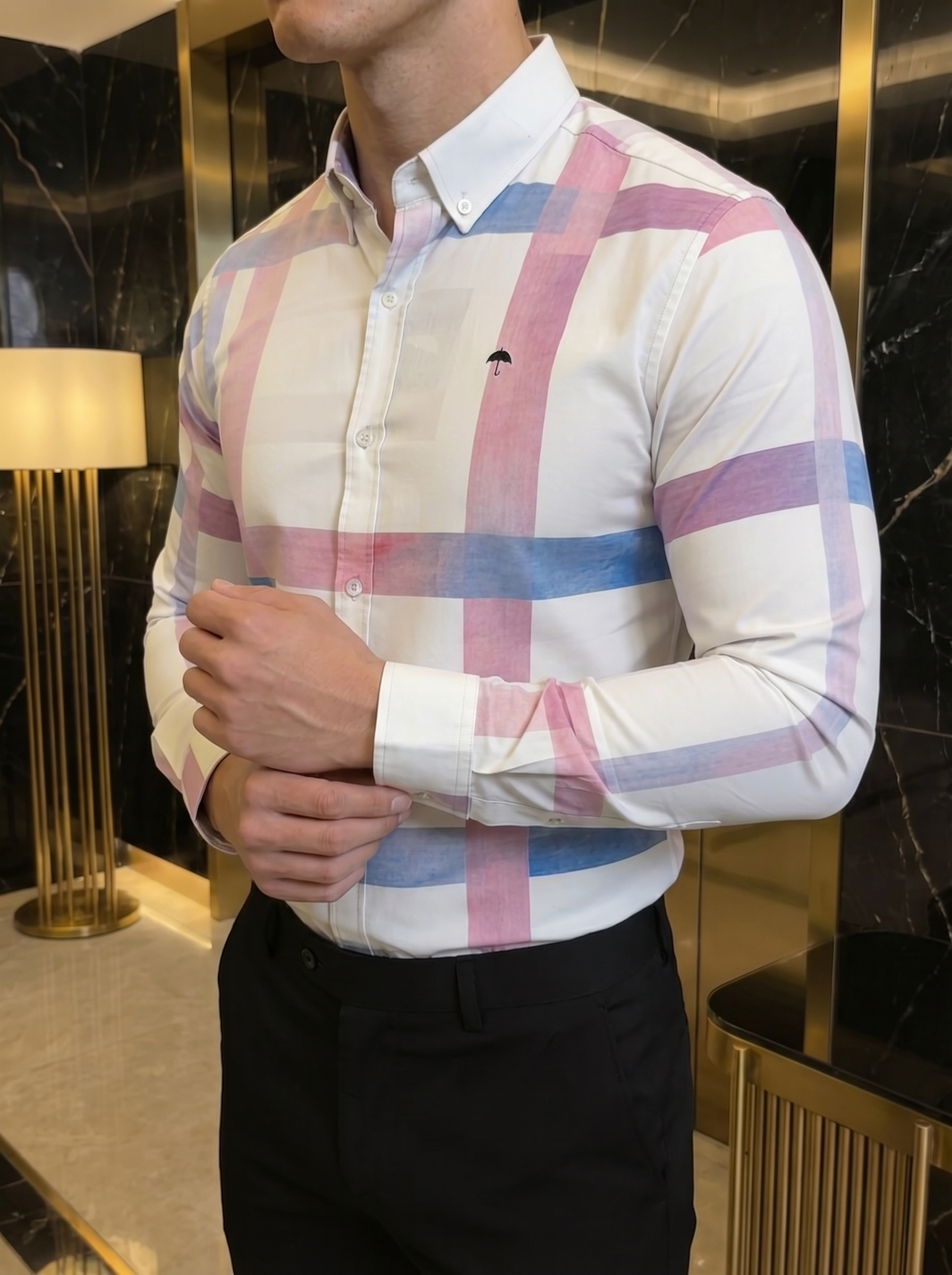 Camisa Hombre Casual Blanca Franjas Rosas Azules