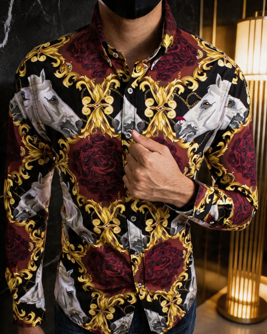 Camisa Hombre Casual Slim Fit  Rosas Y Caballo Blanco