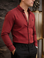 Camisa Hombre Casual Mini Cuadros Rojos, Negros