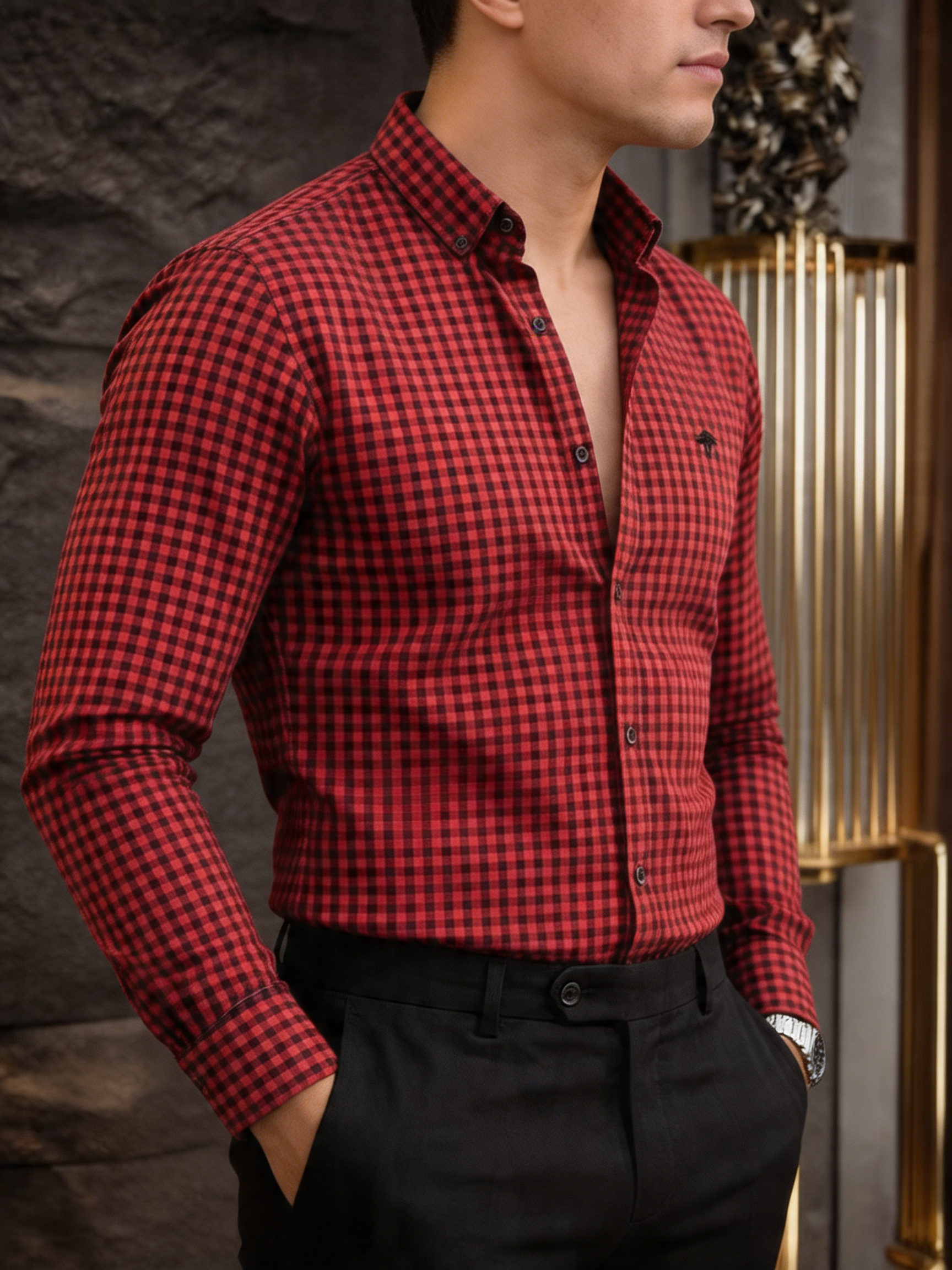Camisa Hombre Casual Mini Cuadros Rojos, Negros