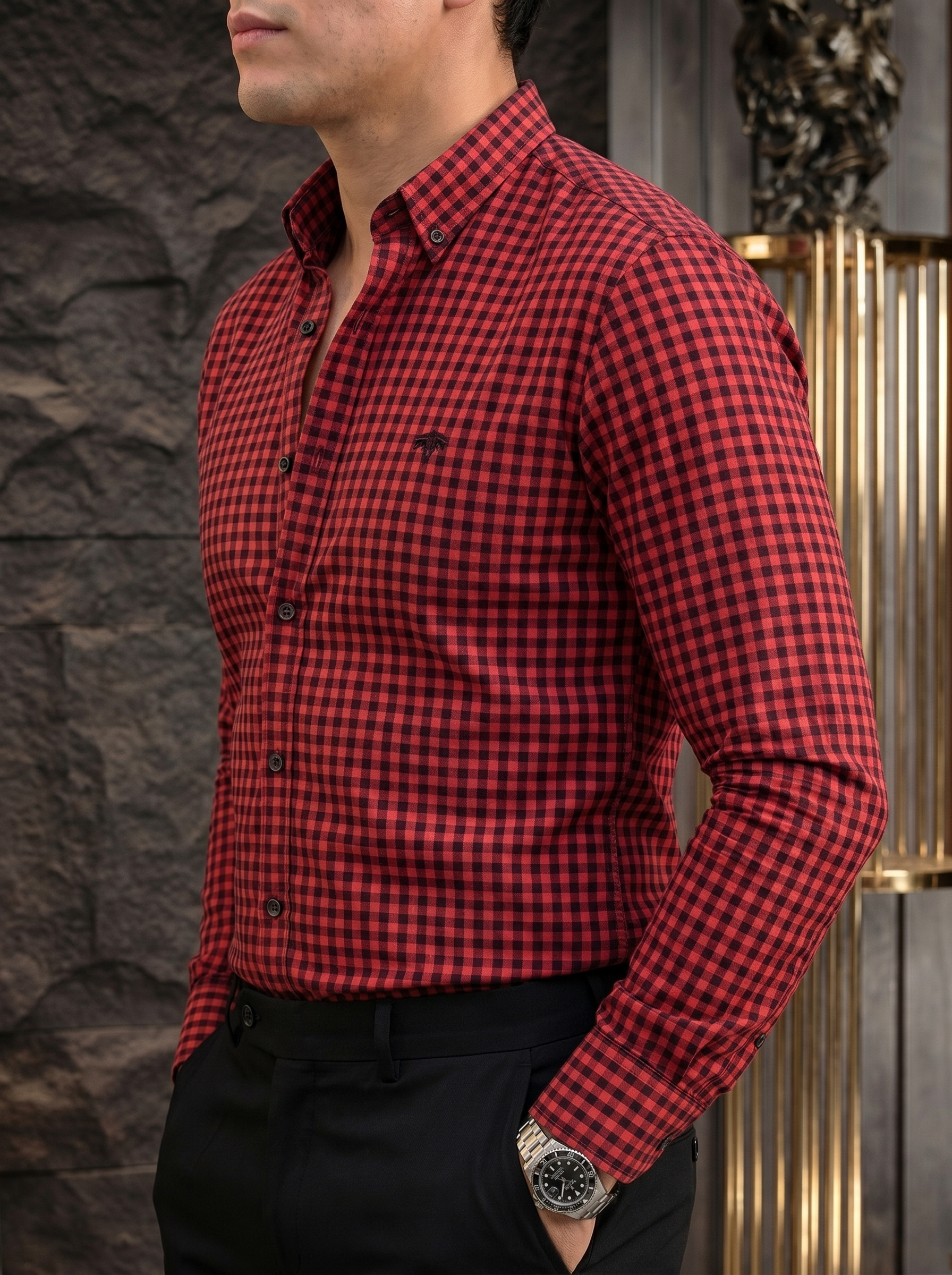 Camisa Hombre Casual Mini Cuadros Rojos, Negros