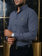 Camisa Hombre Casual Mini Cuadros Azul Marino Blancos