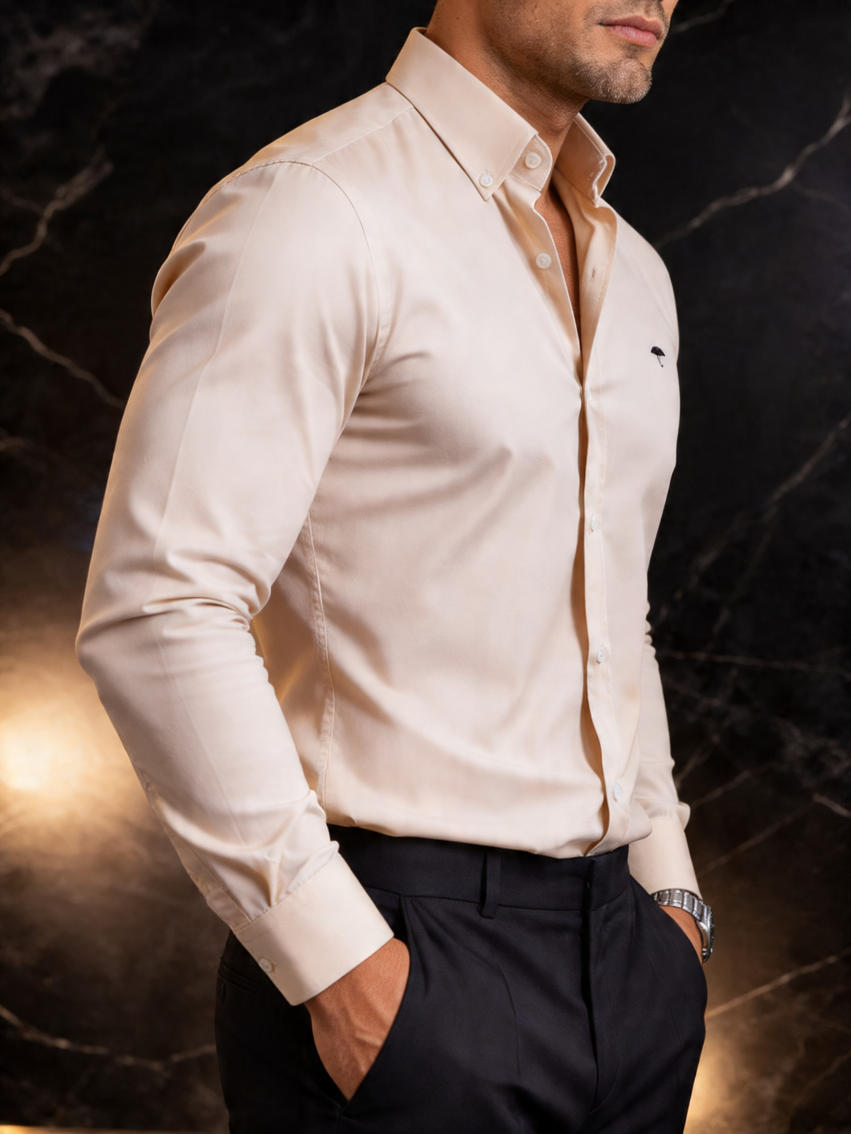 Camisa Hombre Casual Manga Larga Beige Lisa