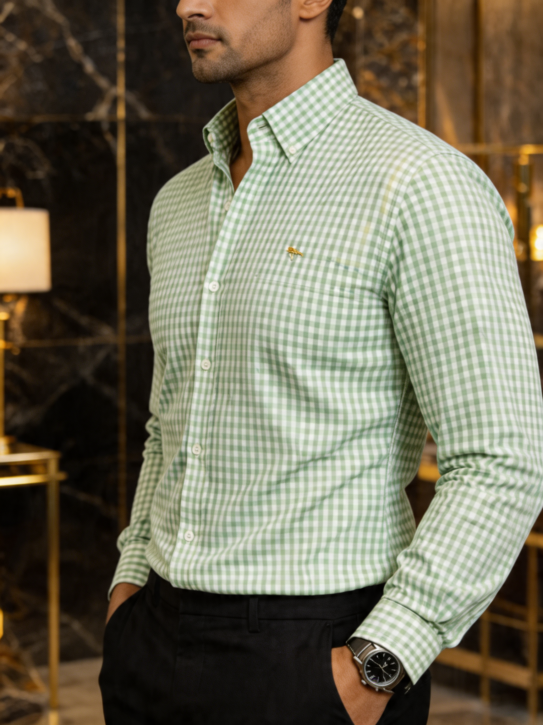Camisa Hombre Casual Mini Cuadros Verde Blanco