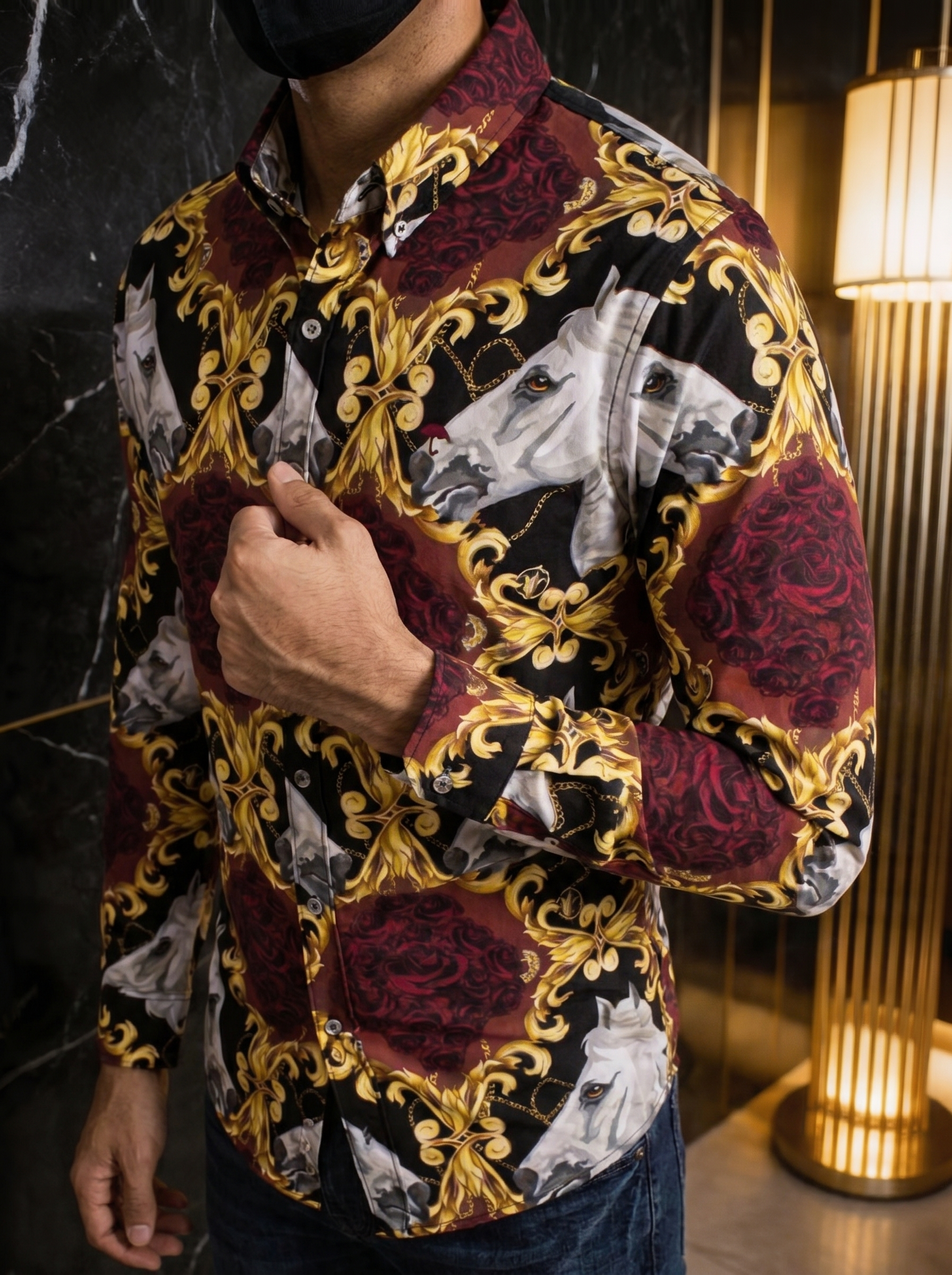 Camisa Hombre Casual Slim Fit  Rosas Y Caballo Blanco