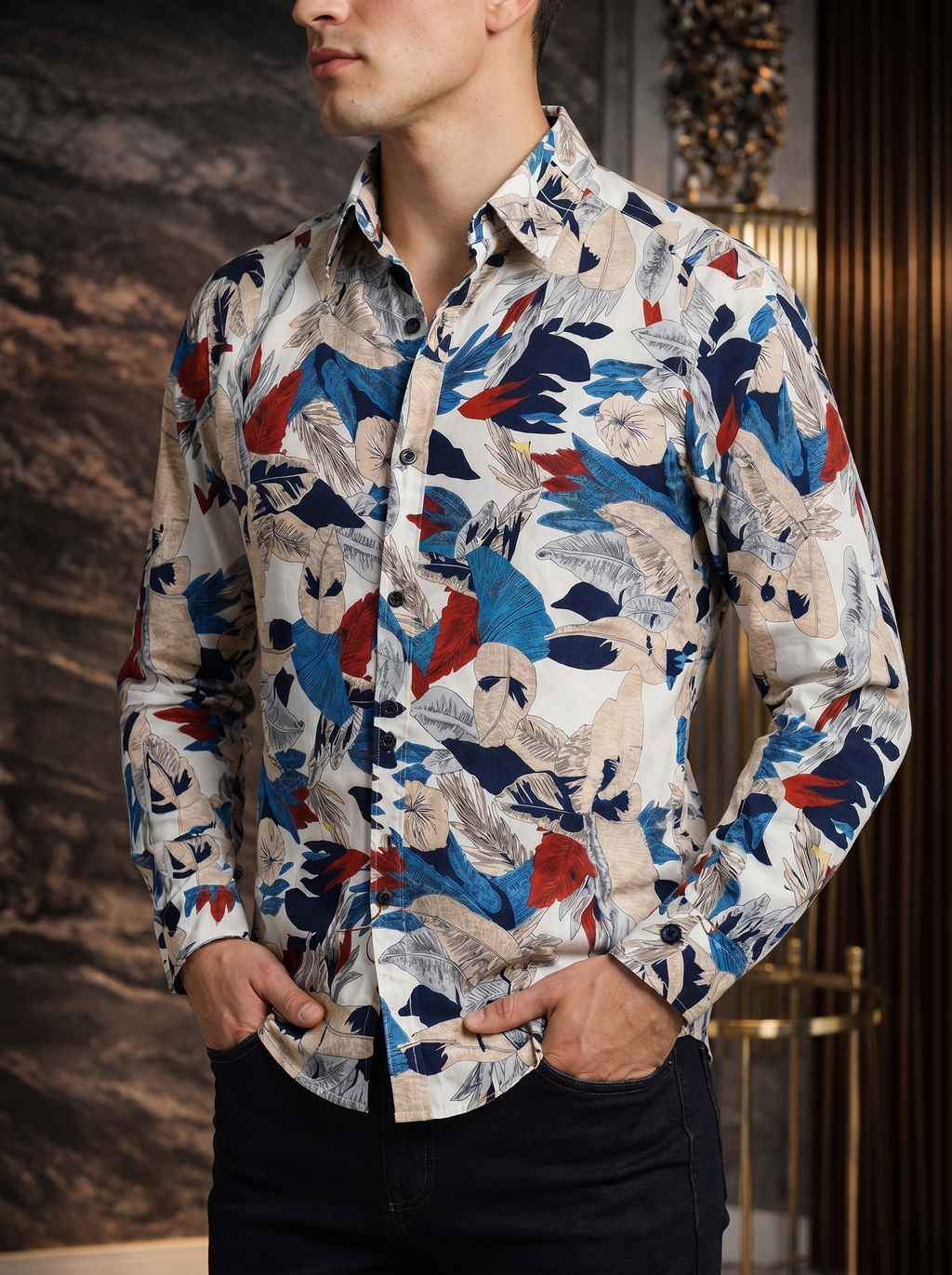Camisa Hombre Casual Blanca Hojas Colores
