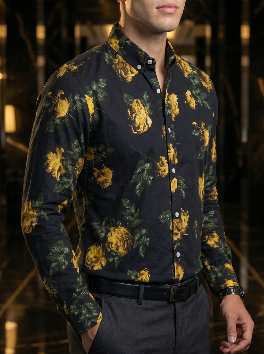 Camisa Hombre Casual Negra Rosas Doradas