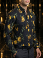 Camisa Hombre Casual Negra Rosas Doradas