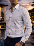 Camisa Hombre Casual Blanca Mini Figuras Tiburones