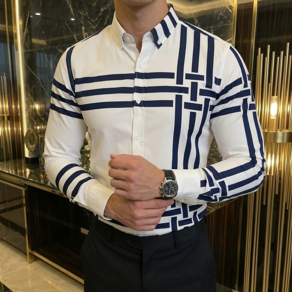 Camisa Hombre Casual Blanca Franjas Azul