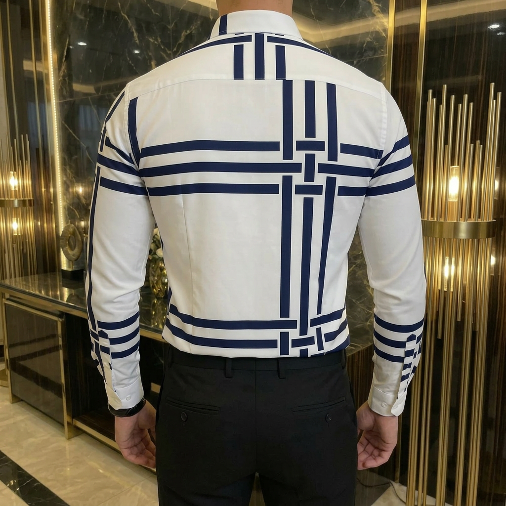 Camisa Hombre Casual Blanca Franjas Azul
