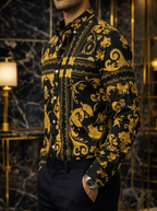 Camisa Hombre Casual Negra Floreada Insecto Dorado Barroco