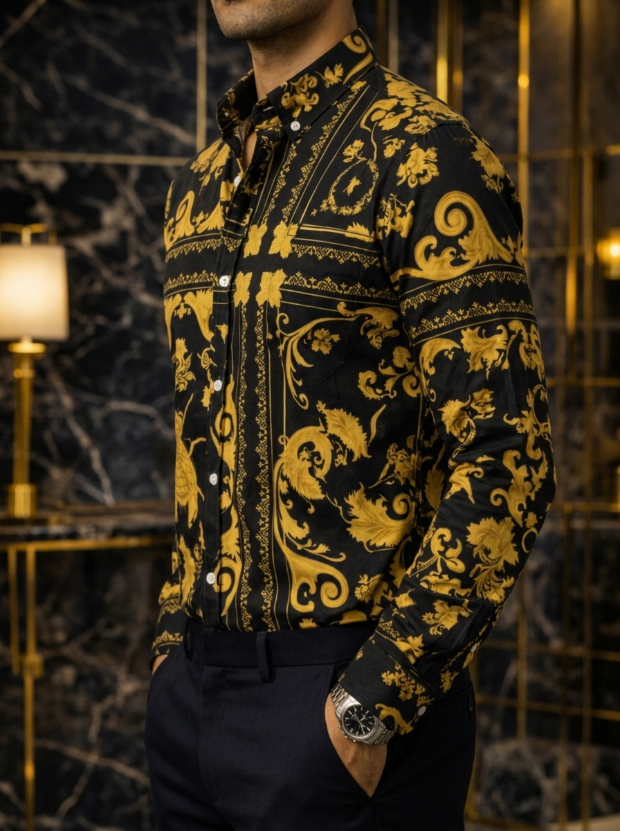 Camisa Hombre Casual Negra Floreada Insecto Dorado Barroco