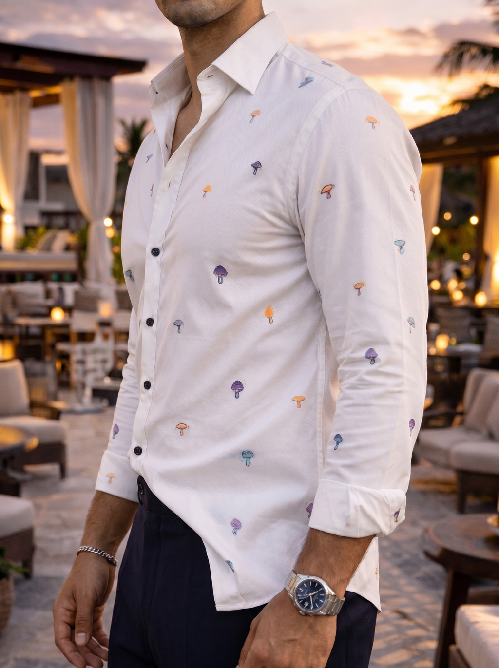 Camisa Hombre Casual Beige Mini Figuras Plantas
