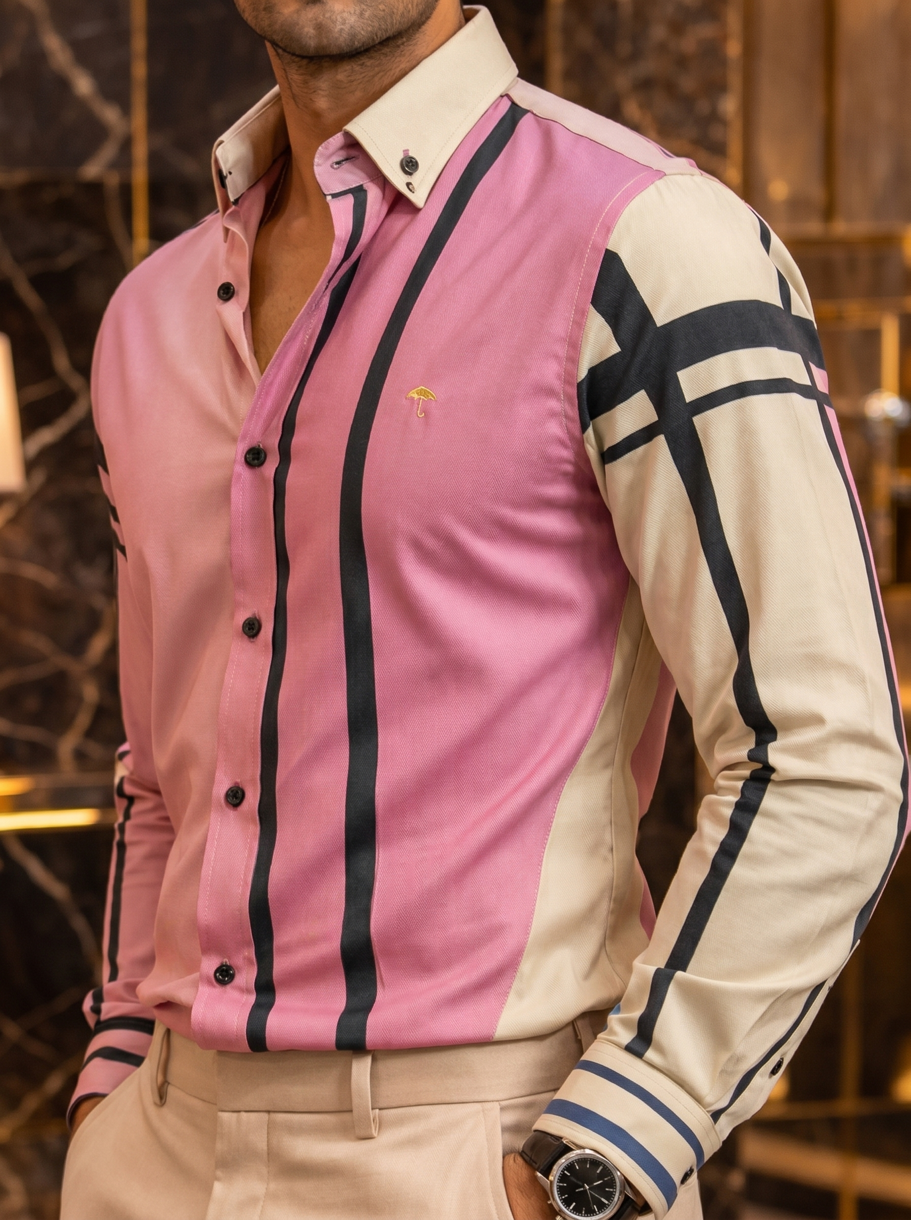 Camisa Hombre Casual Rosa Amarillo Franjas Negras