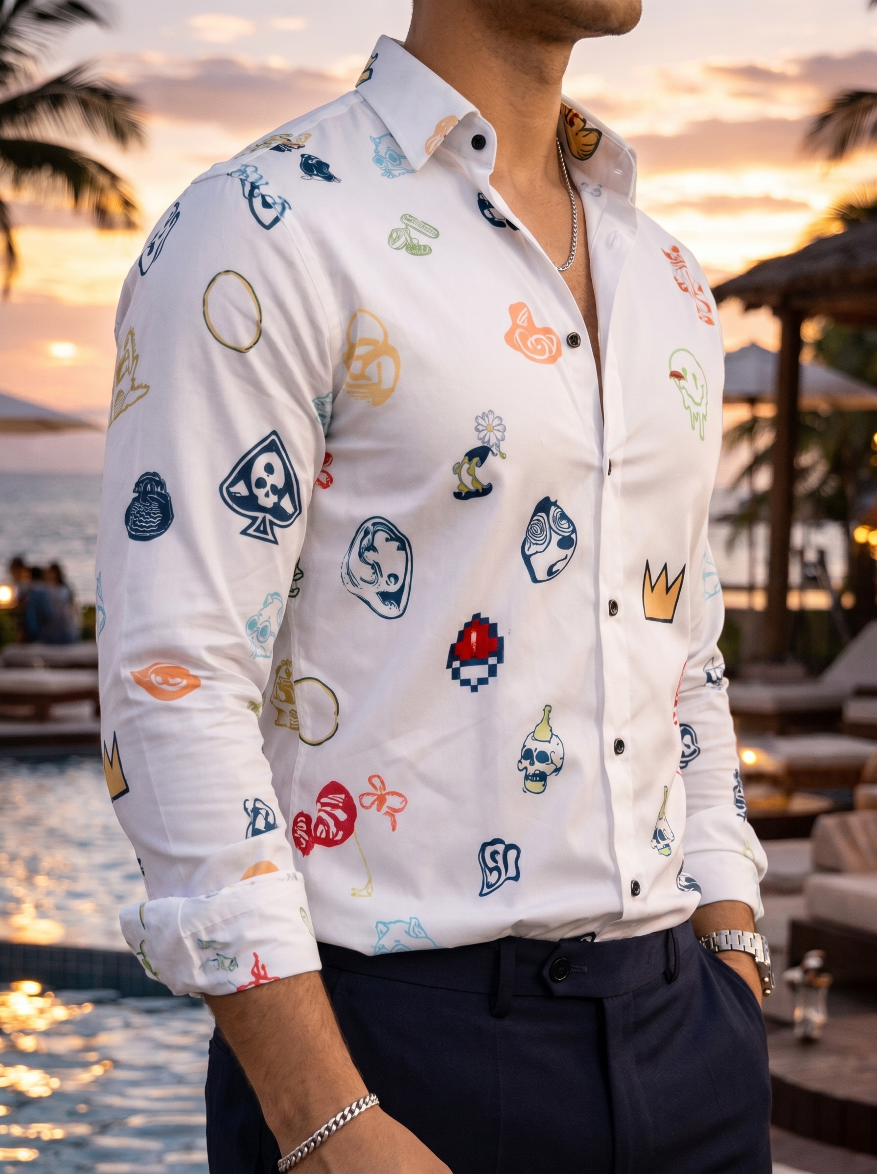 Camisa Hombre Casual Blanca Mini Figuras Colores