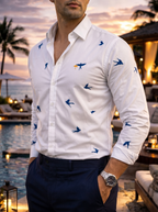 Camisa Hombre Casual Beige Claro Figuras Aves Marino