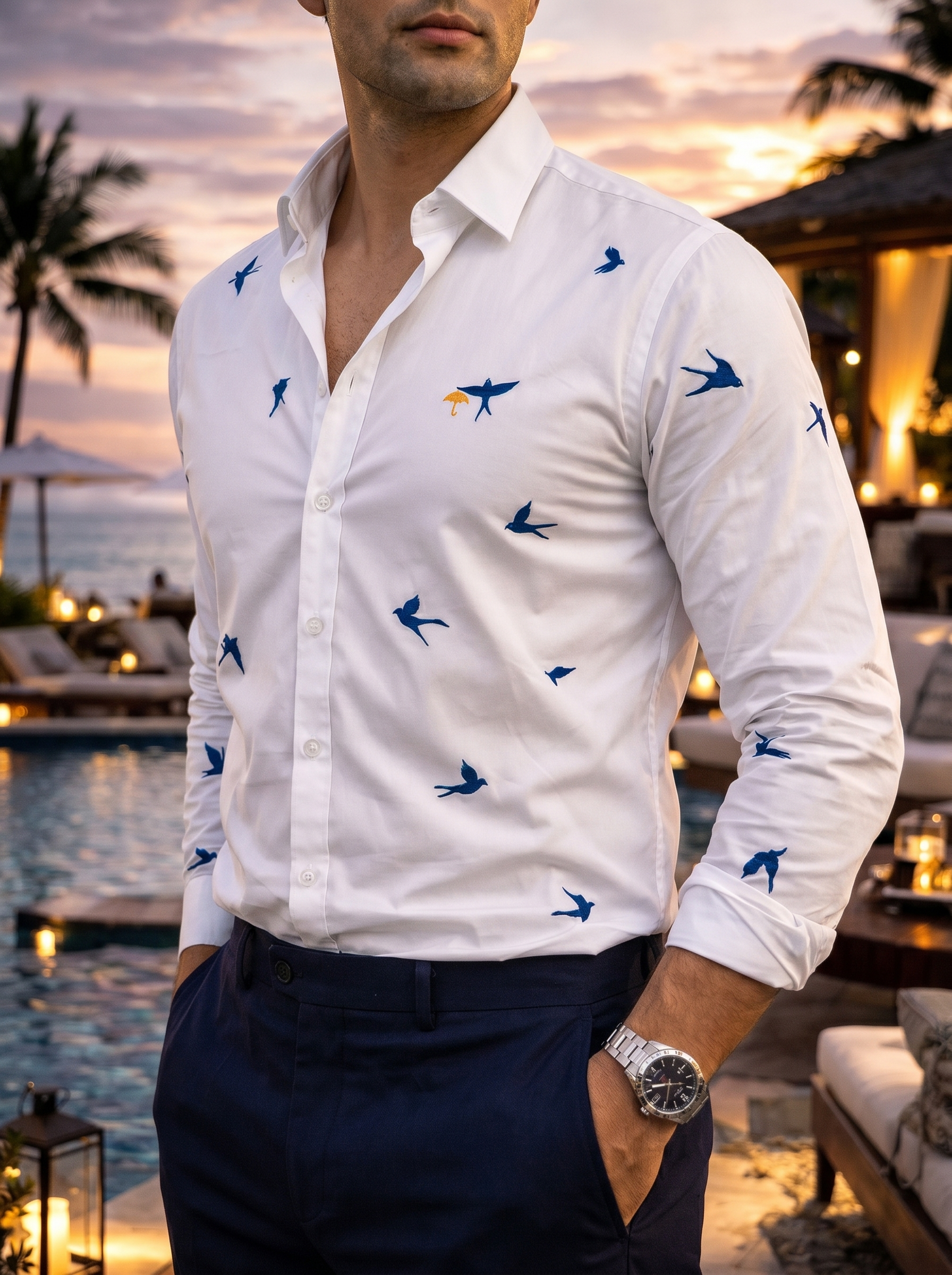 Camisa Hombre Casual Beige Claro Figuras Aves Marino
