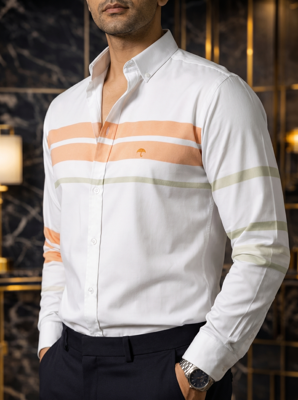 Camisa Hombre Casual Blanca Franjas Naranja Verde