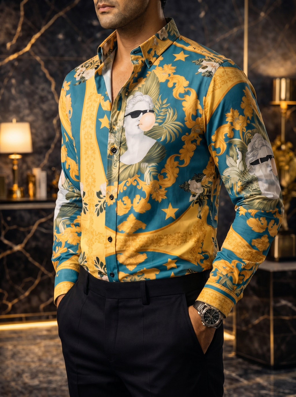Camisa Hombre Casual Amarilla Verde Floreada Escultura David