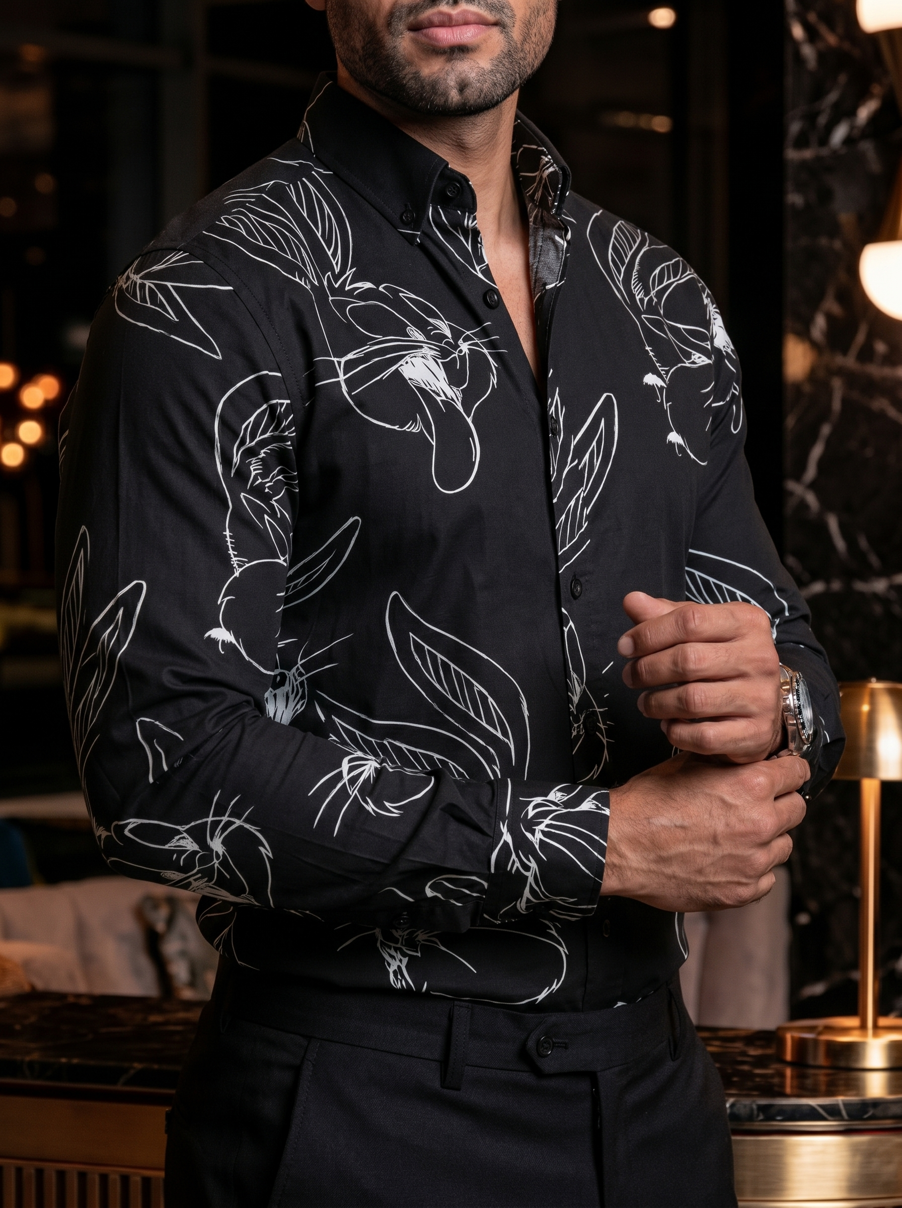 Camisa Hombre Casual Negra Figuras Dibujo Bugs Bunny