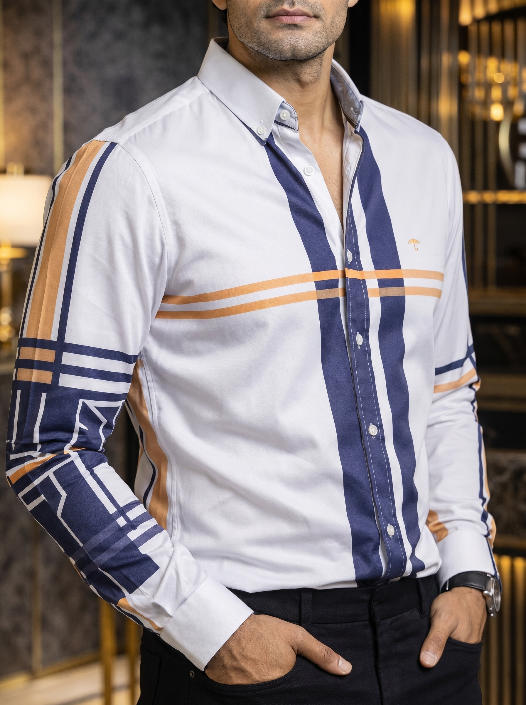 Camisa Hombre Casual Franjas Moradas Amarillas