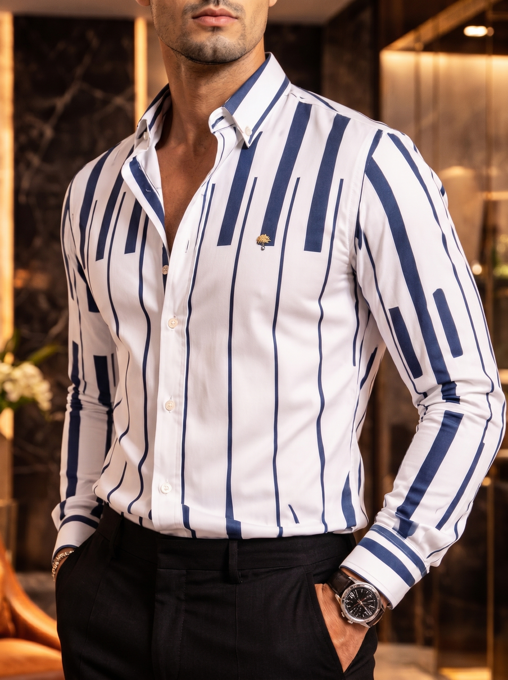 Camisa Hombre Casual Blanca Teclas de Piano Musical Marino