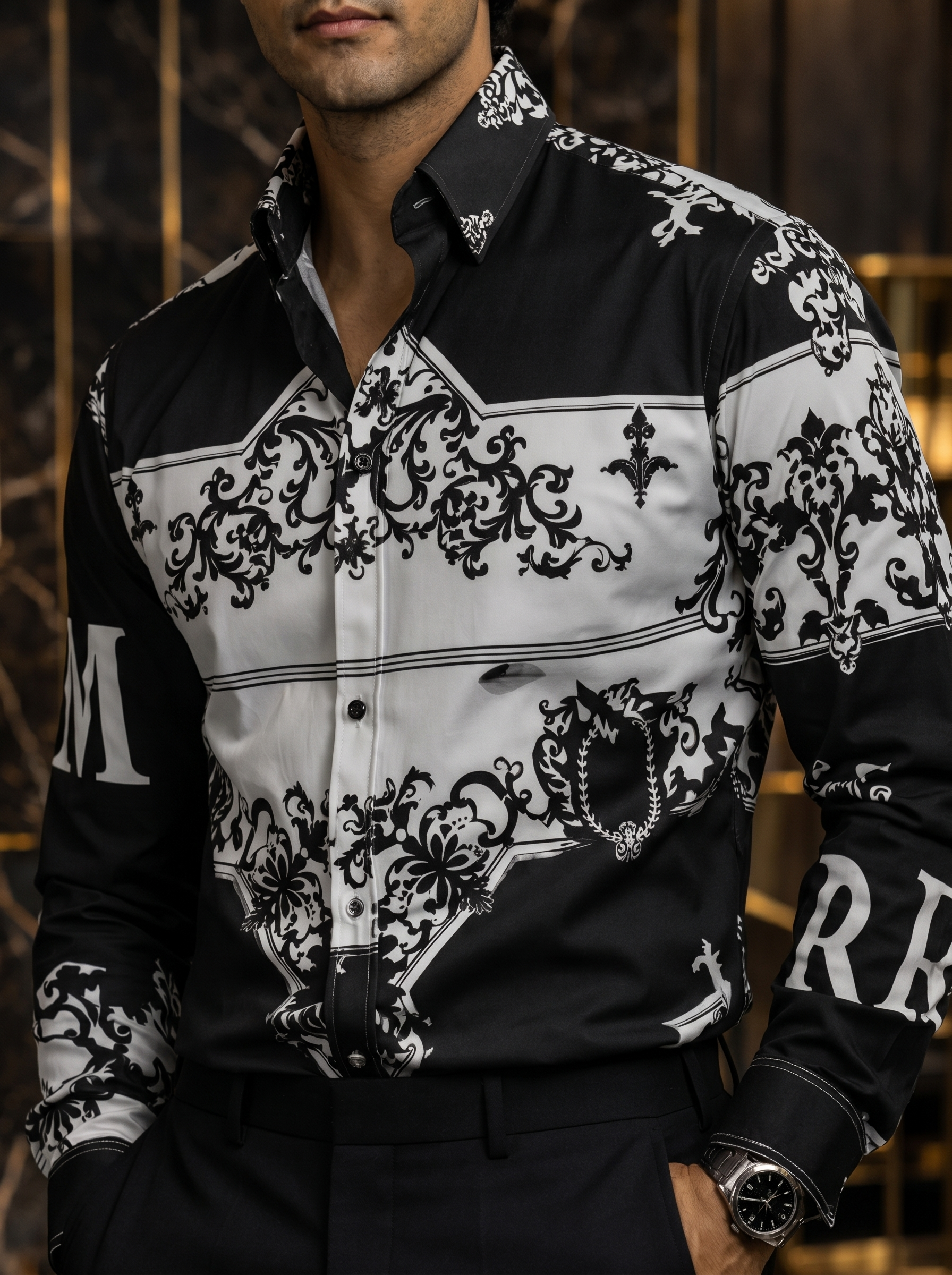 Camisa Hombre Casual Negra, Blanca Flores Barroco