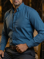 Camisa Hombre Casual Azul Mini Rombos Negros