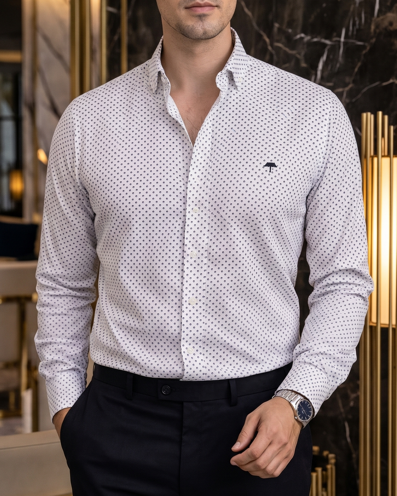 Camisa Hombre Casual Blanca Mini Círculos Negros