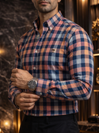 Camisa Hombre Casual Cuadros Azules Naranjas Rosas