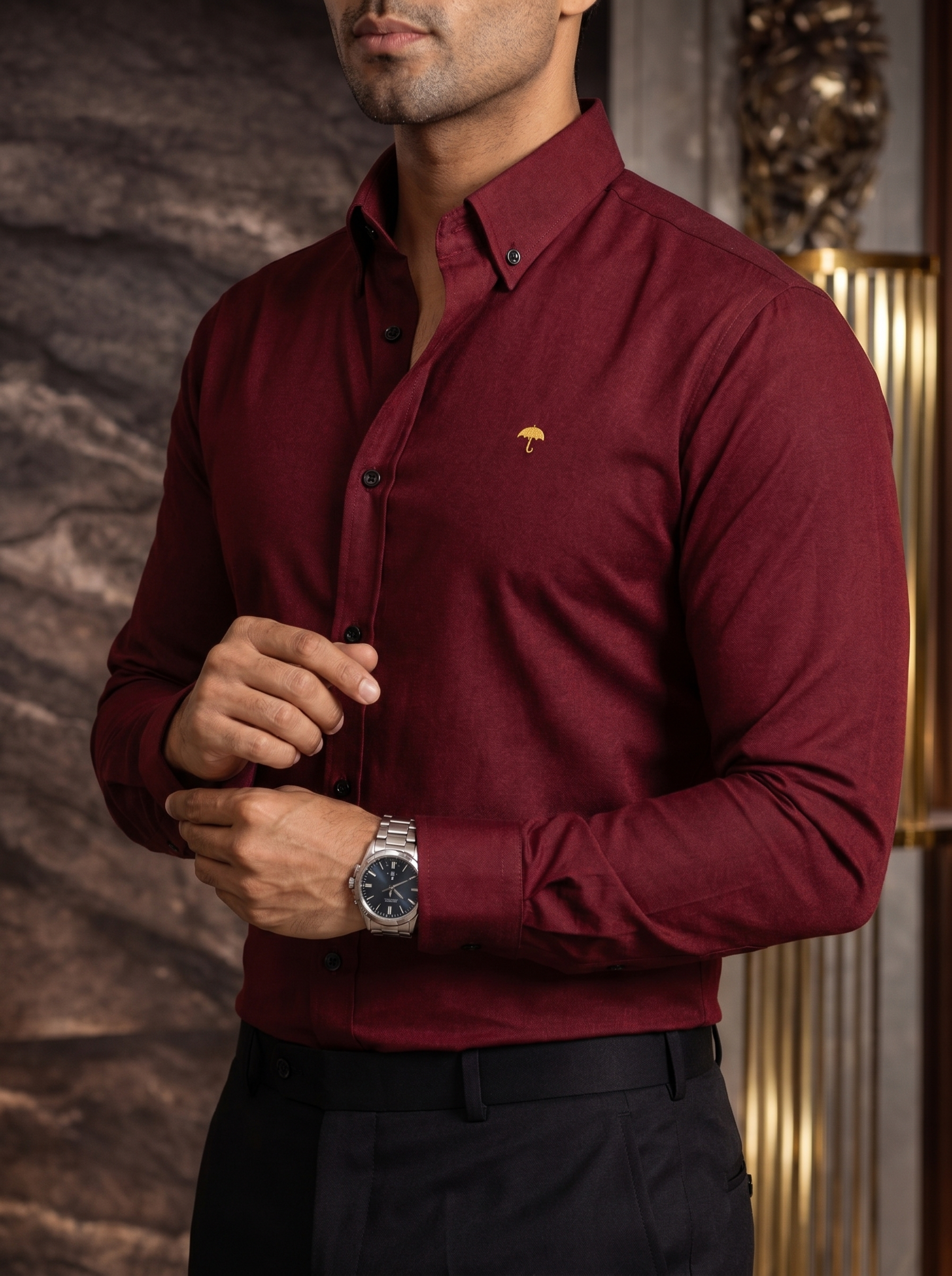 Camisa Hombre Casual Manga Larga Vino Lisa