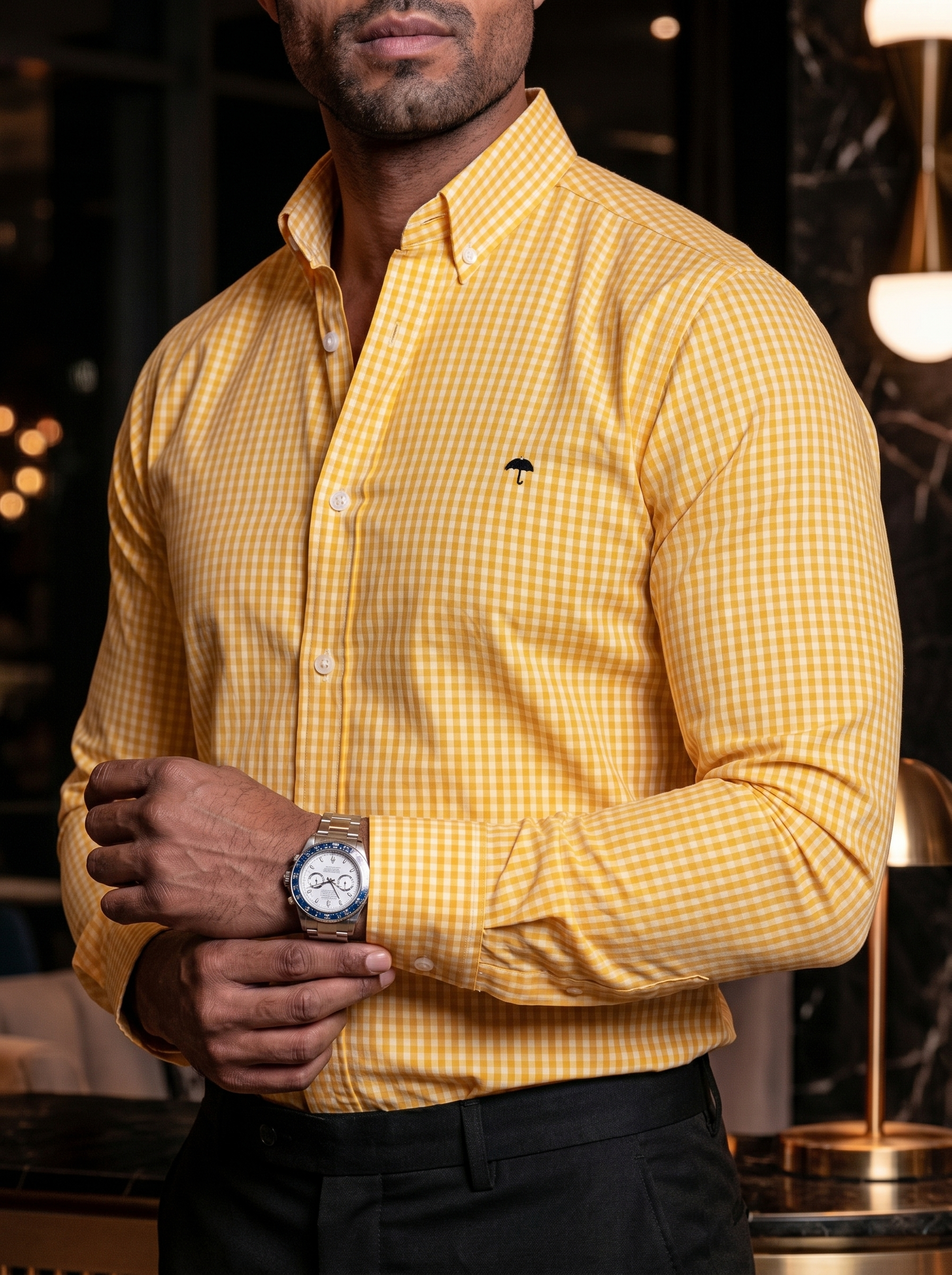 Camisa Hombre Casual Mini Cuadros Amarillos Blancos